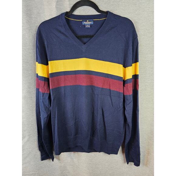 Brooks Brothers Extra Fine Merino Wool V-neck Sweater Men LG Blue Colorblock - Picture 1 of 5